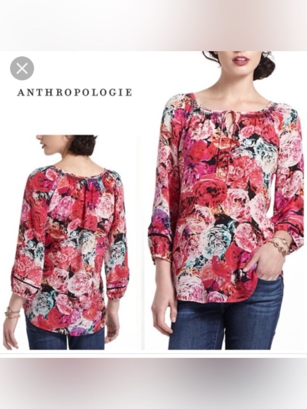 Anthropologie Vanessa Virginia Pink Carnation Floral 100% Silk 3/4 Sleeve Blouse